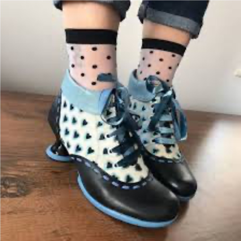 John Fluevog Blue Bootie with Heart Pony Hair Detail